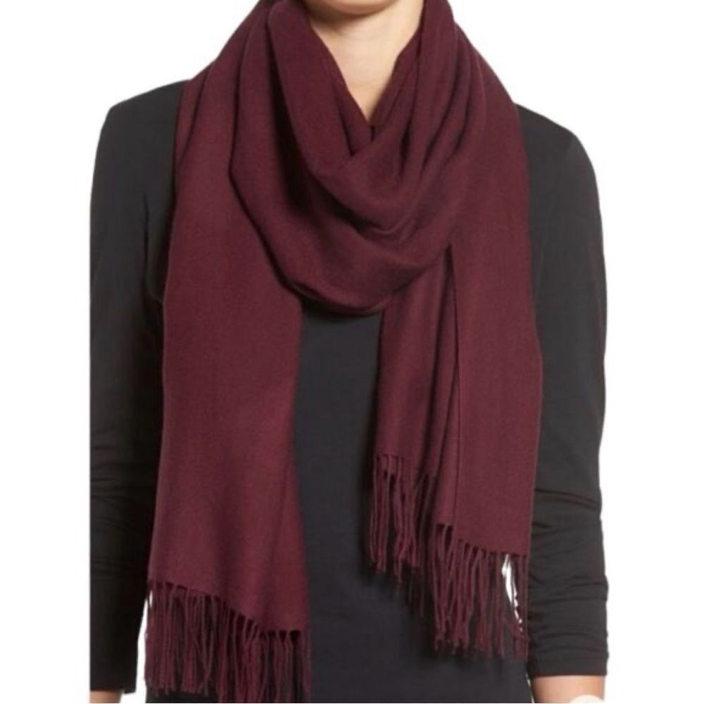 Nordstrom Wool and Cashmere Blend Fringe Scarf Burgundy NEW MSRP $99
